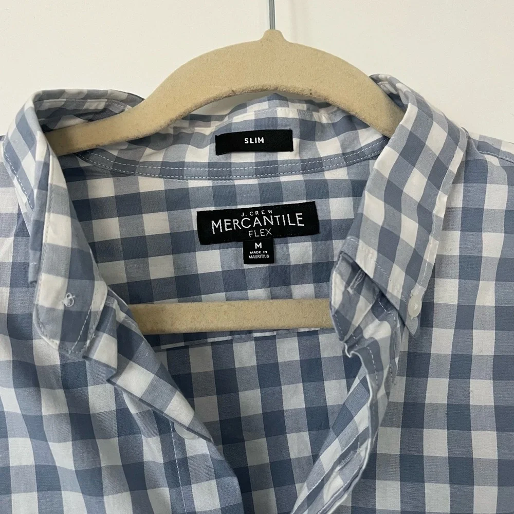 J.Crew Mens Medium Slim Light Blue Gray Long Sleeve Gingham Checkered Button Up